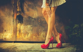 Hands on legs, polka dots, red heels, skirt, heels, girl