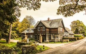 architecture, road, house, trees