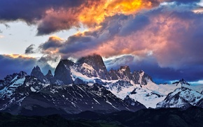 sky, snowy peak, landscape, mountain, sunset, clouds