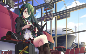 heterochromia, airport, anime girls, original characters, green hair