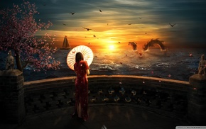 fantasy art, sea monsters, sunset, umbrella
