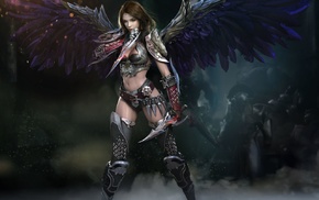 artwork, warrior, anime girls, wings