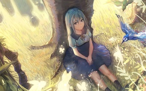 anime girls, blue hair, original characters, trees, birds