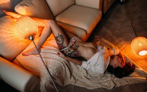 thong, couch, closed eyes, girl, tattoo