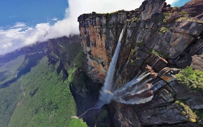 nature, waterfall, mountain, clouds