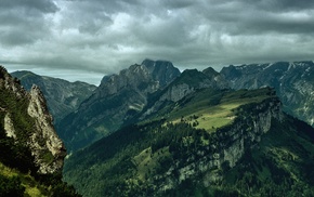 waterfall, nature, clouds, mountain