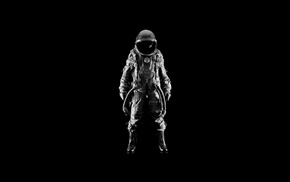 black background, monochrome, spacesuit, digital art, boots, minimalism