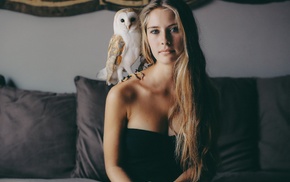 blonde, bare shoulders, Camille Rochette, owl, animals, blue eyes
