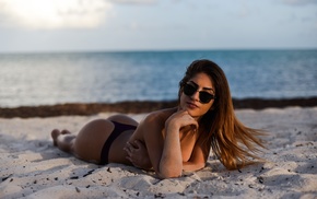 girl with glasses, ass, sea, girl, topless, sand