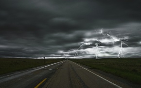 field, fence, lightning, road sign, clouds, long exposure