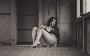 monochrome, portrait, jean shorts, girl, sitting