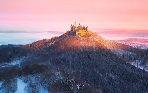 castle, nature, hill, clouds, Hohenzollern, snow