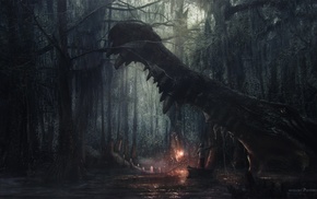 swamp, crocodiles, boat, fantasy art, Desktopography