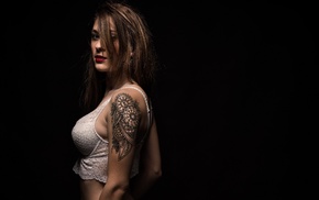 portrait, black background, girl, tattoo