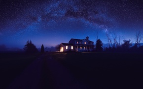 house, star trails, night