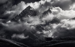clouds, landscape, monochrome, mountain, snowy peak, Himalayas
