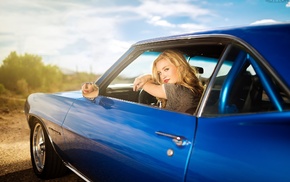 looking at viewer, girl, sitting, blonde, girl with cars