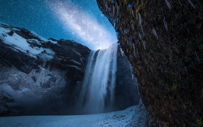 lake, landscape, waterfall