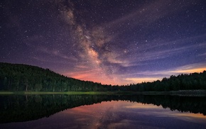 Milky Way, trees, reflection, landscape, lake