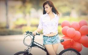 girl with bikes, girl posing, Asian, jean shorts