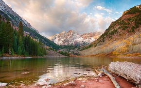 mountain, landscape, clouds, lake, trees