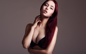 portrait, Kristina Gaysherik, girl, simple background, black bras, redhead