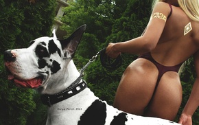 one, piece swimsuit, blonde, dog, animals, Anastasia Tretyakova