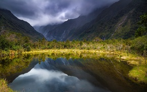shrubs, mountain, landscape, nature, reflection, New Zealand