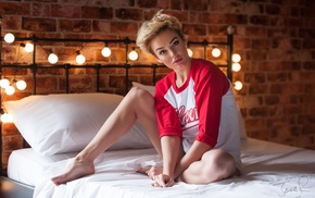 blonde, T, shirt, in bed, Jack Russell, girl