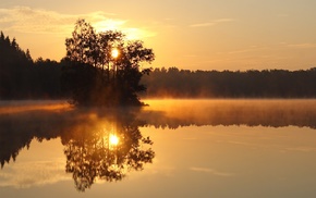 landscape, Sun, lake, trees