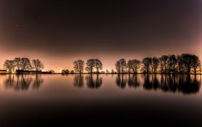 sunset, trees, lake, landscape