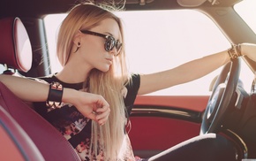 girl, driving, car