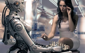 robot, girl, chess, digital art