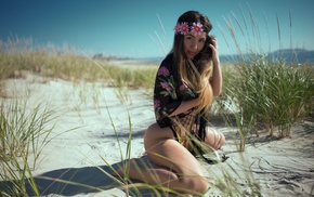 Elina Modelina, looking at viewer, kneeling, sand, girl, ass