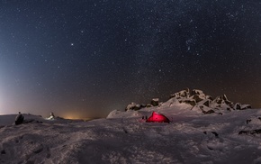 mountain, landscape, stars, snow, tents