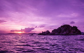 purple, sunset, nature, island, sea