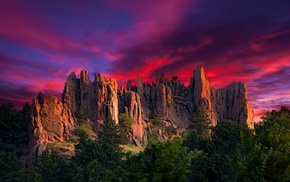 sky, sunrise, rock formation, landscape, trees, Colorado