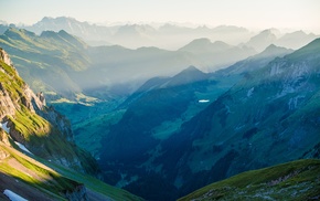 nature, sunlight, mist, mountain pass, mountain, Alps