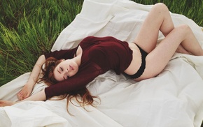 panties, lying down, black panties, redhead, girl