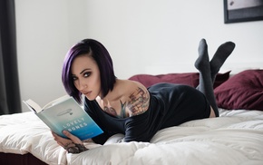 black stockings, legs up, tattoo, girl, in bed, books