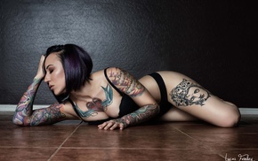 girl, closed eyes, black lingerie, tattoo, walls, on the floor