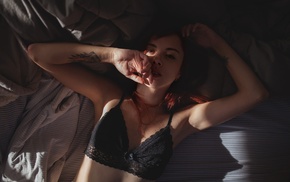 tattoo, black bras, piercing, in bed, redhead, girl