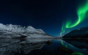 mountain, lake, reflection, aurorae, snow