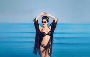 tattoos, Ewelina Lisowska, flat belly, swimwear, girl outdoors, black bikinis