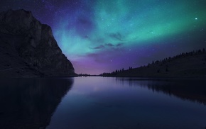 aurorae, trees, mountain, lake