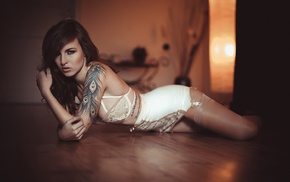 girl, model, on the floor, white lingerie, tattoo