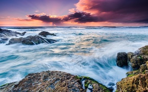 sea, rock, long exposure, clouds, sunset, nature