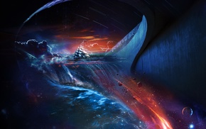 space, red, ship, blue, waterfall, fantasy art
