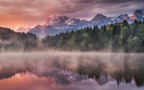 landscape, mist, reflection, mountain, lake