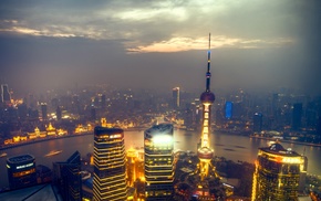 city, clouds, lights, Shanghai, building, river